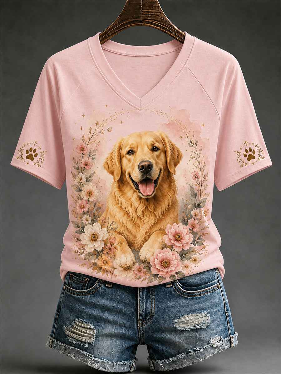 Women's Retro Dog Print Casual V-Neck Tee
