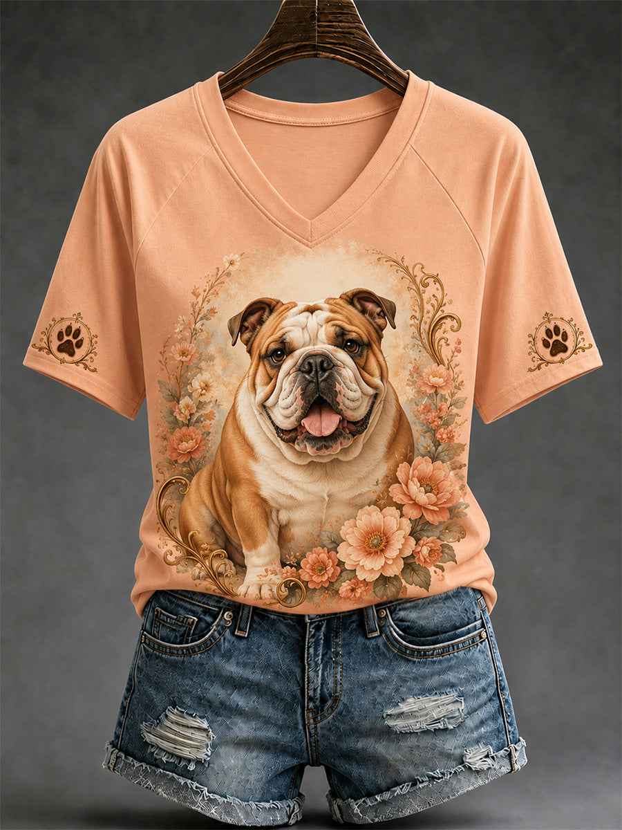 Women's Retro Dog Print Casual V-Neck Tee