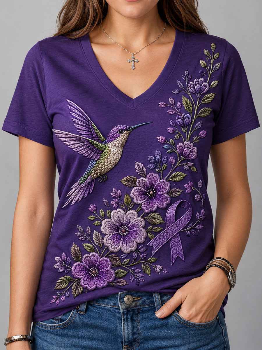 Women's Purple Floral & Hummingbird Print Alzheimer's Awareness Support V-Neck Tee