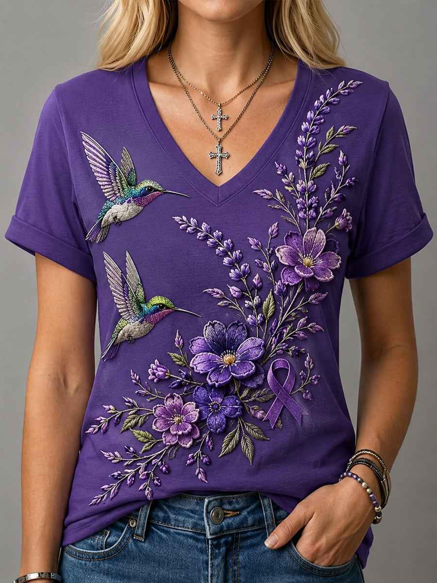 Women's Purple Floral & Hummingbird Print Alzheimer's Awareness Support V-Neck Tee