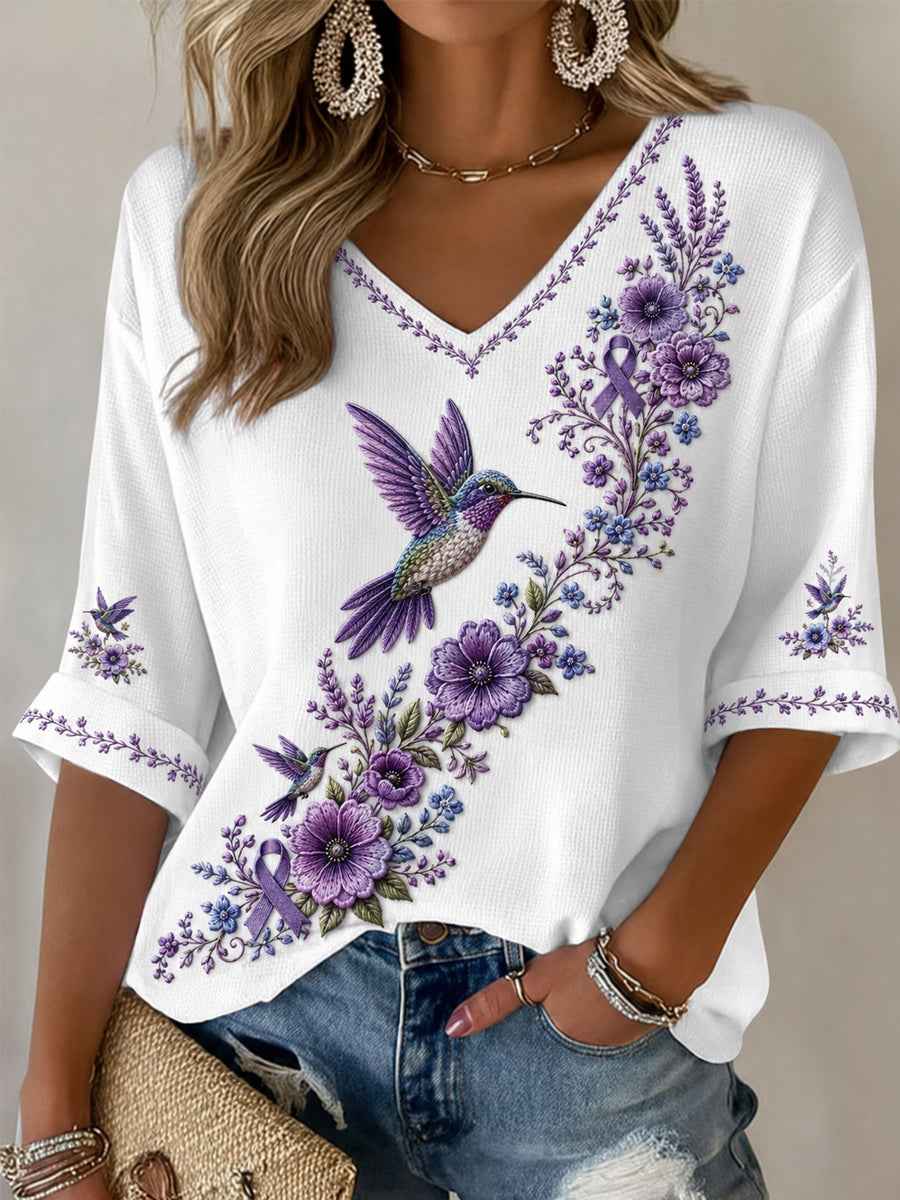 Women's Purple Floral & Hummingbird Print Alzheimer's Awareness Support Half-Sleeves V-Neck T-Shirt