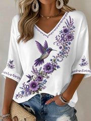 Women's Purple Floral & Hummingbird Print Alzheimer's Awareness Support Half-Sleeves V-Neck T-Shirt