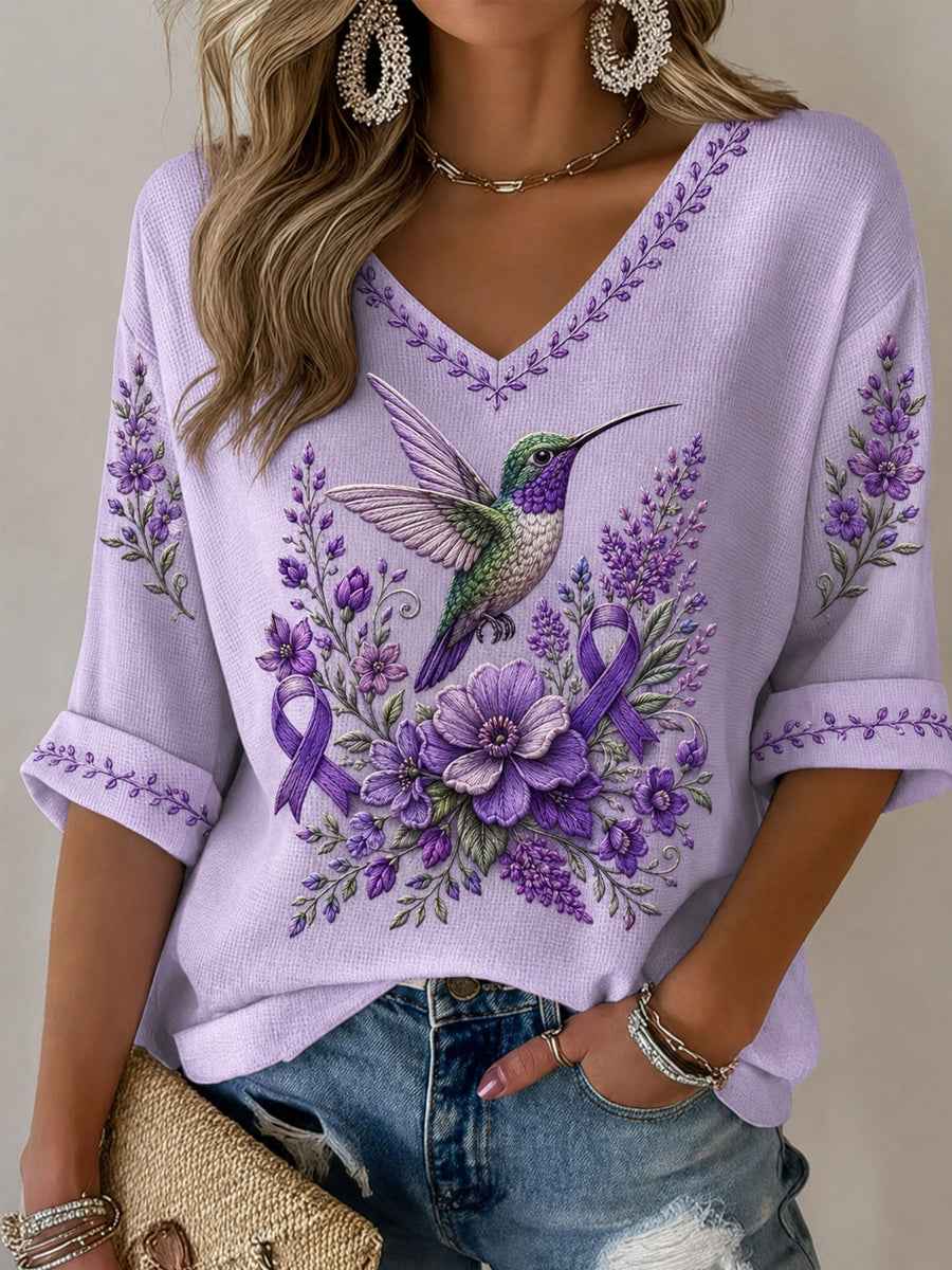 Women's Purple Floral & Hummingbird Print Alzheimer's Awareness Support Half-Sleeves V-Neck T-Shirt