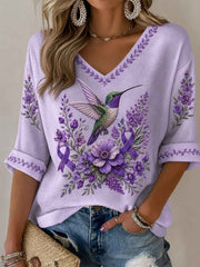 Women's Purple Floral & Hummingbird Print Alzheimer's Awareness Support Half-Sleeves V-Neck T-Shirt
