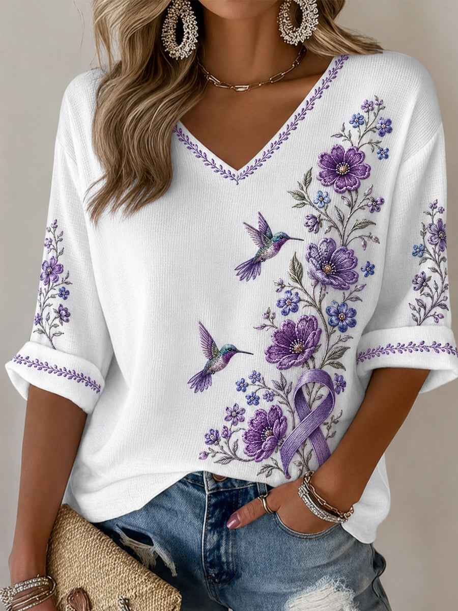 Women's Purple Floral & Hummingbird Print Alzheimer's Awareness Support Half-Sleeves V-Neck T-Shirt
