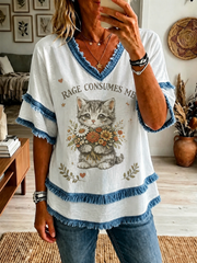 Women's Cat Printed Cotton-Linen Shirt gracestitchs