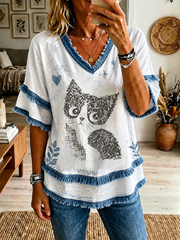 Women's Cat Printed Cotton-Linen Shirt gracestitchs
