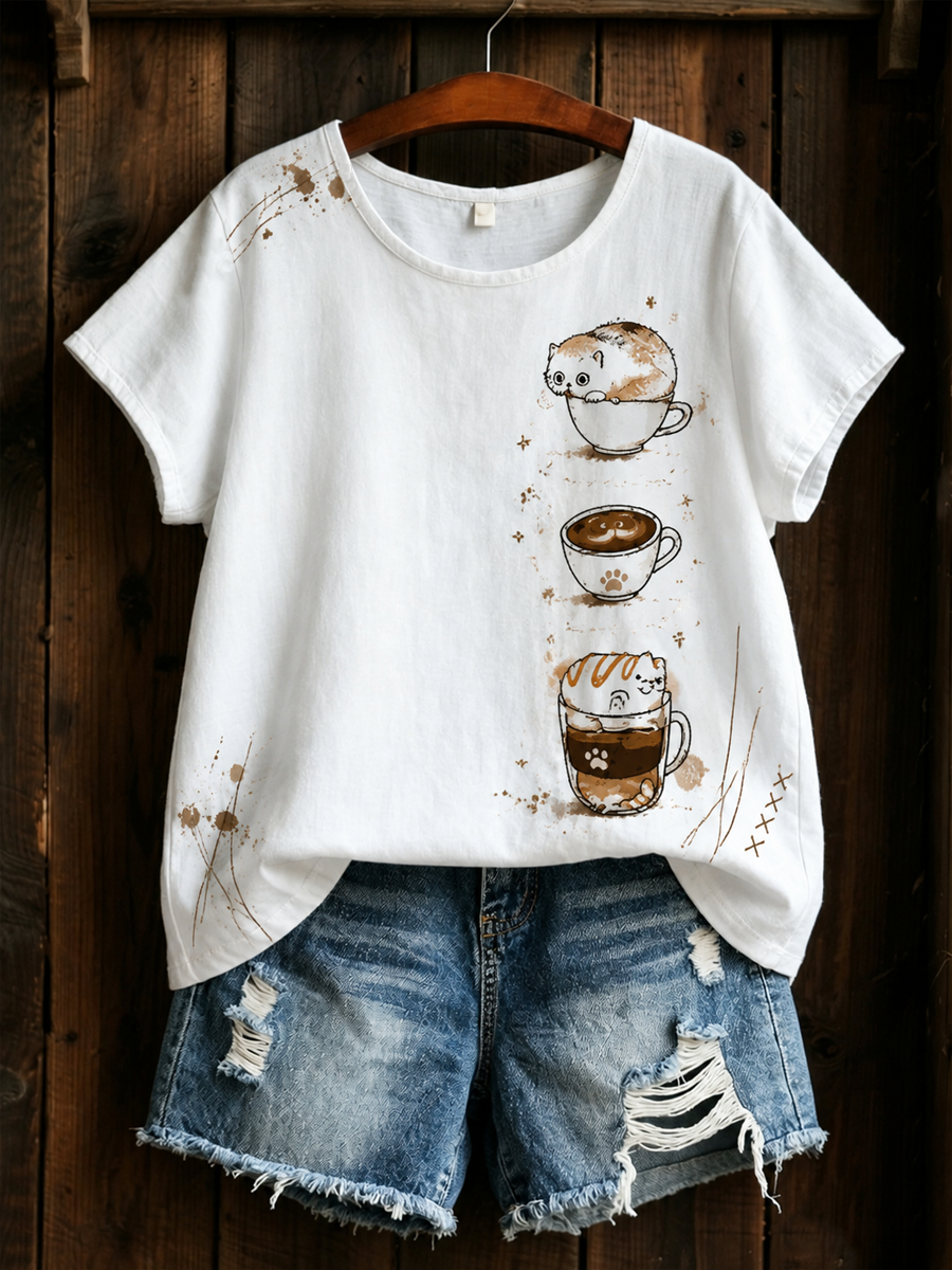 Women's Cat Printed linen short-sleeved T-shirt gracestitchs