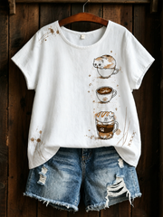 Women's Cat Printed linen short-sleeved T-shirt gracestitchs