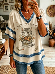 Women's Cat Printed Cotton-Linen Shirt gracestitchs