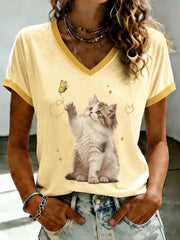 Women's Cute Cat Printed V-neck T-shirt