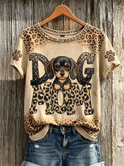 Women's Peeking Dachshund Dog Mom & Paw Prints Leopard Print short-sleeved T-shirt