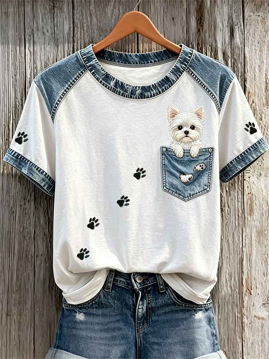 Women's Lovely Maltese Dog Fake Pocket & Paw Prints Denim Patchwork Print T-shirts