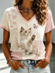 Women's Cute Cat Printed V-neck T-shirt