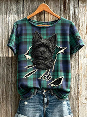 Women's Peeking Scottish Terrier Dog from Torn Crack Scotland Plaid Print short-sleeved T-shirt