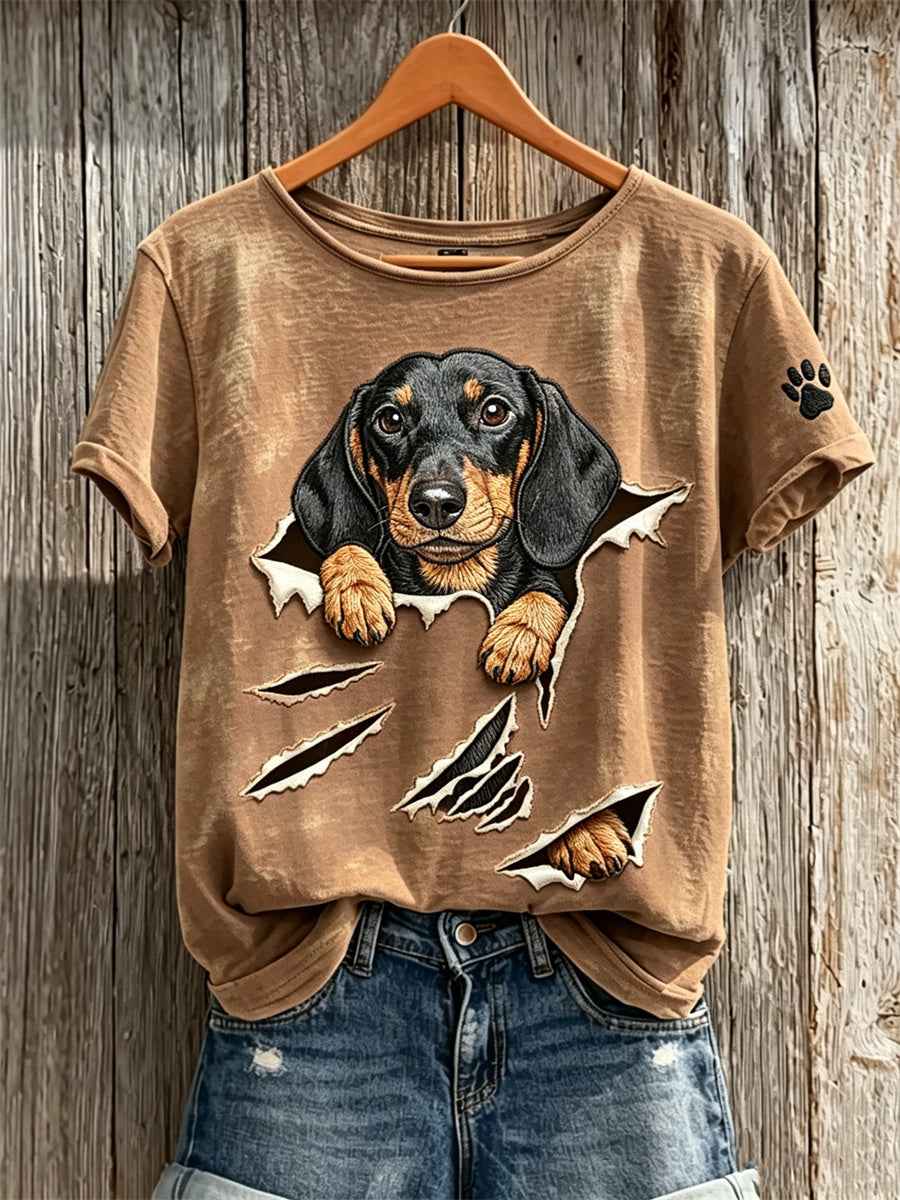 Women's Peeking Dachshund Dog from Torn Crack Print short-sleeved T-shirt