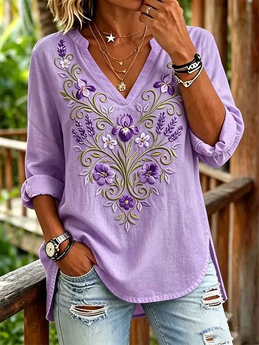 Women's Purple Floral & Alzheimer's Awareness Support Print V-Neck Top