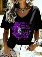 Women's Purple Floral & Alzheimer's Awareness Support Print V-Neck Tee