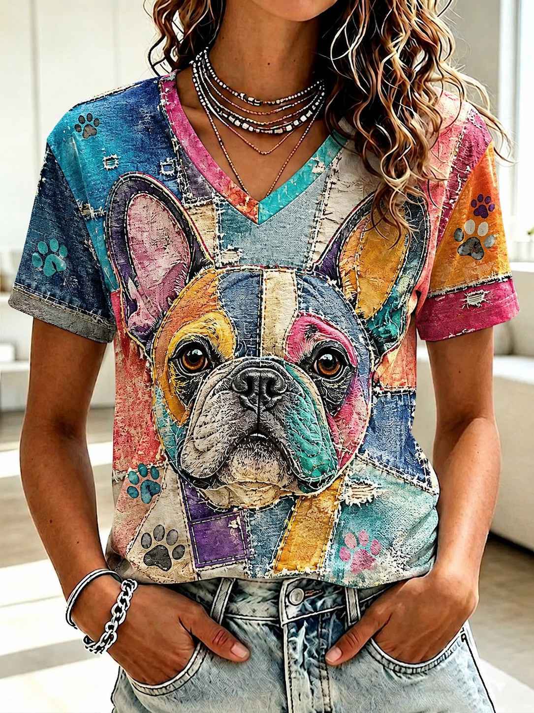 Women's Art Dog Printed V-neck T-shirt