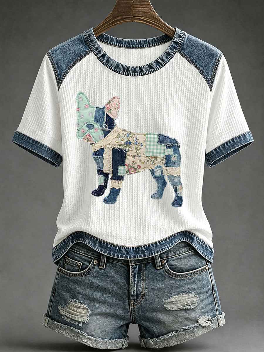 Women's Floral Plaid Denim Dog Art Waffle Print Casual T-Shirt