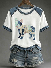 Women's Floral Plaid Denim Dog Art Waffle Print Casual T-Shirt