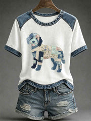 Women's Floral Plaid Denim Dog Art Waffle Print Casual T-Shirt