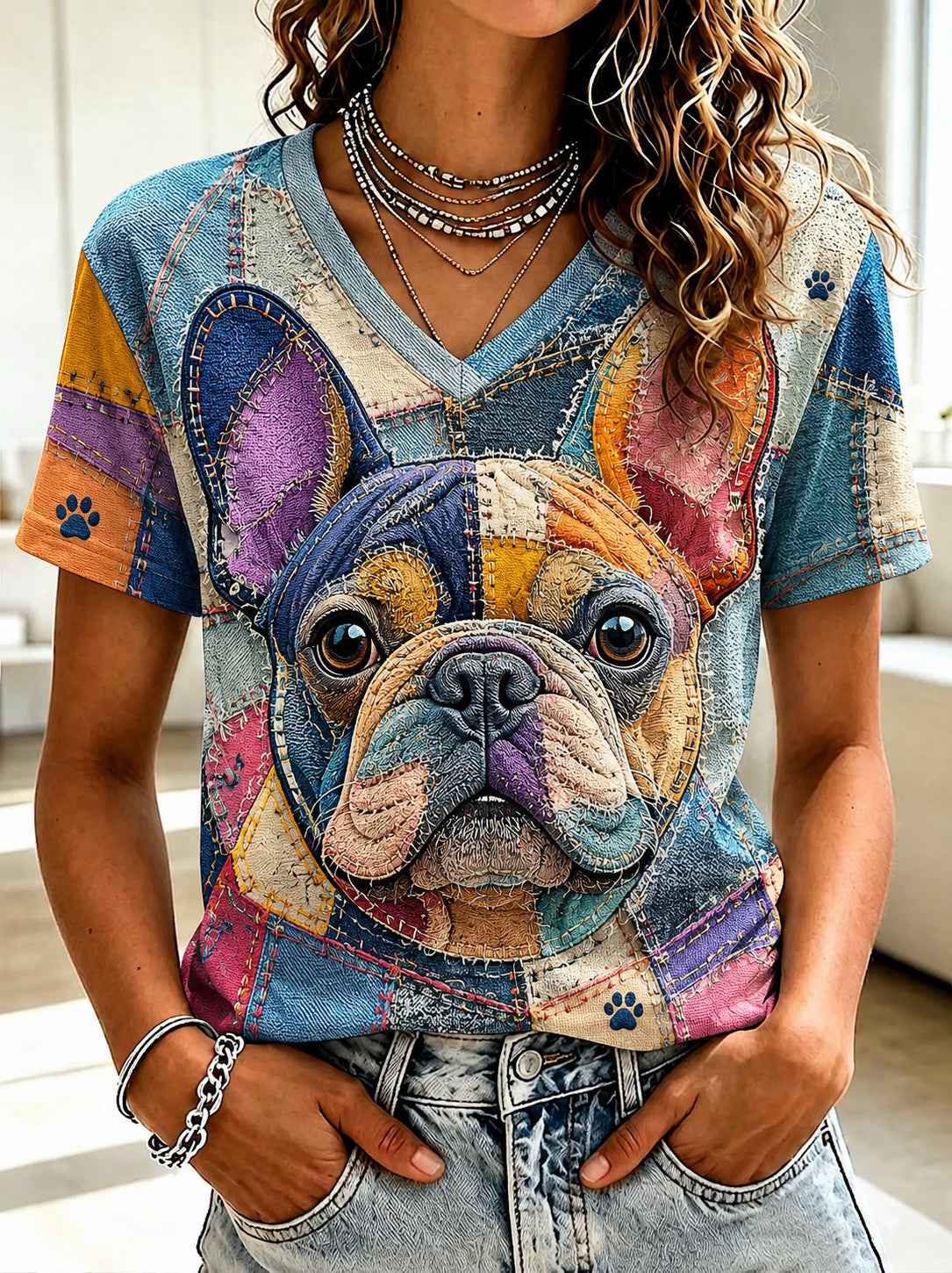 Women's Art Dog Printed V-neck T-shirt