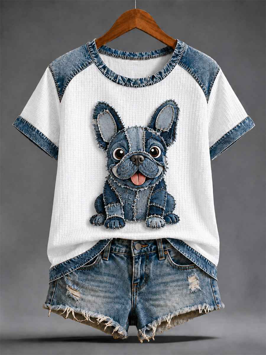 Women's Denim Patchwork Dog Print Waffle Casual Tee