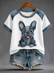 Women's Denim Patchwork Dog Print Waffle Casual Tee