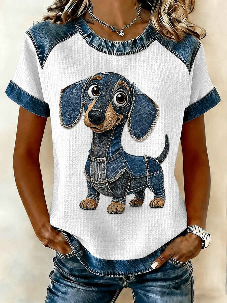Women's Denim Patchwork Dog Print Waffle Casual Tee