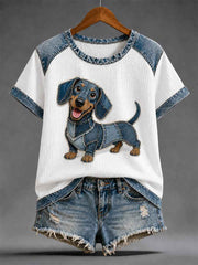 Women's Denim Patchwork Dog Print Waffle Casual Tee