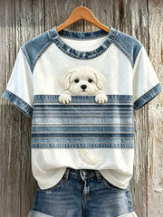 Women's Peeking Maltese Dog Denim Patchwork Print T-shirts