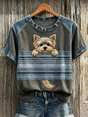 Women's Peeking Yorkshire Terrier Dog Denim Patchwork Print T-shirts