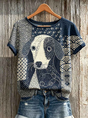 Women's Lovely Dog Japanese Sashiko Art Patchwork Print linen short-sleeved T-shirt