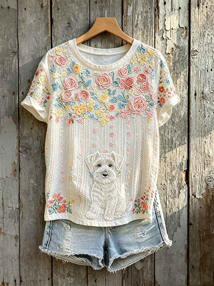 Women's Colorful Floral Art Cute Dog Print Short-sleeved T-shirt