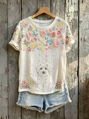 Women's Colorful Floral Art Cute Dog Print Short-sleeved T-shirt