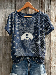 Women's YorkshireTerrier Dog Japanese Sashiko Art Print linen short-sleeved T-shirt