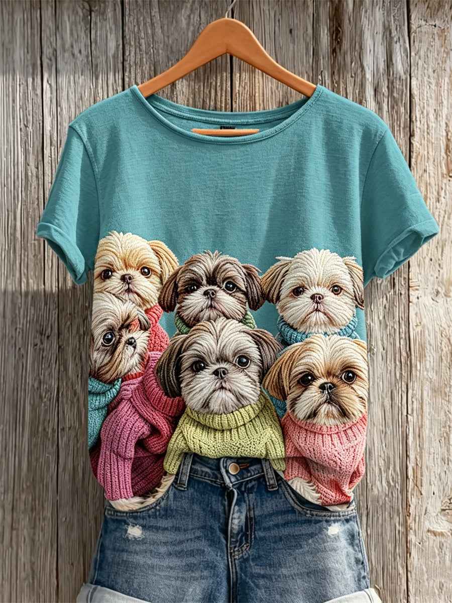 Women's Shih Tzu Dogs with Knit Wear Print short-sleeved T-shirt