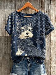 Women's YorkshireTerrier Dog Japanese Sashiko Art Print linen short-sleeved T-shirt