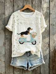 Women's Cute Dachshund Scooter Art Floral Print Short-sleeved T-shirt
