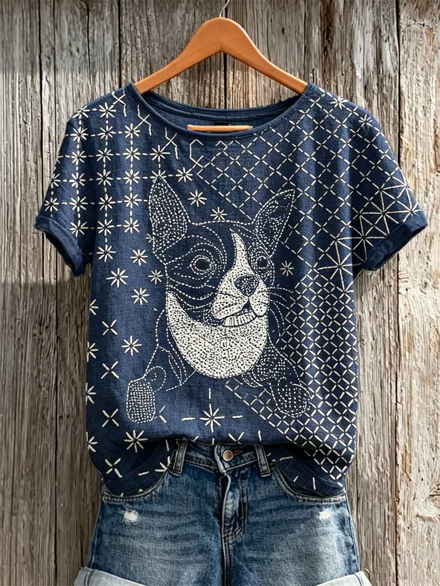 Women's Bulldog Japanese Sashiko Art Print linen short-sleeved T-shirt