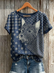 Women's YorkshireTerrier Dog Japanese Sashiko Art Print linen short-sleeved T-shirt