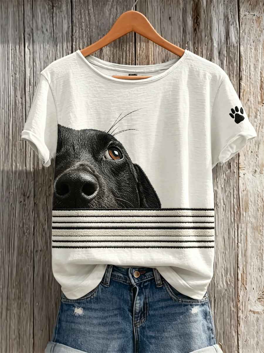 Women's Peeking Dog & Paw Print Striped Print short-sleeved T-shirt