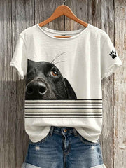 Women's Peeking Dog & Paw Print Striped Print short-sleeved T-shirt