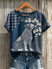 Women's Bulldog & Cherry Blossom Japanese Sashiko Art Print linen short-sleeved T-shirt