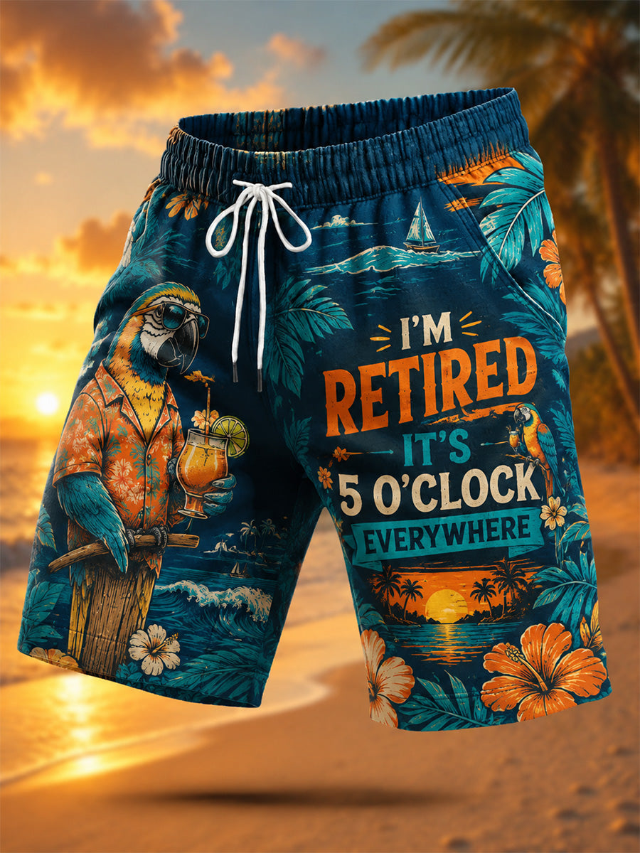 Men's I'm Retired It's 5 O'clock Everywhere Parrot Print Casual Shorts gracestitchs