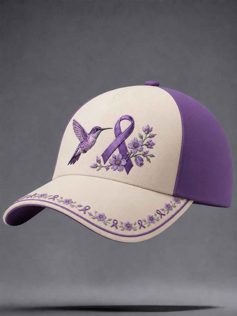 Unisex Purple Floral & Hummingbird Print Alzheimer's Awareness Support Hat