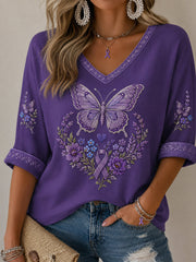 Women's Purple Floral & Butterfly Print Alzheimer's Awareness Support Half-Sleeves V-Neck T-Shirt gracestitchs