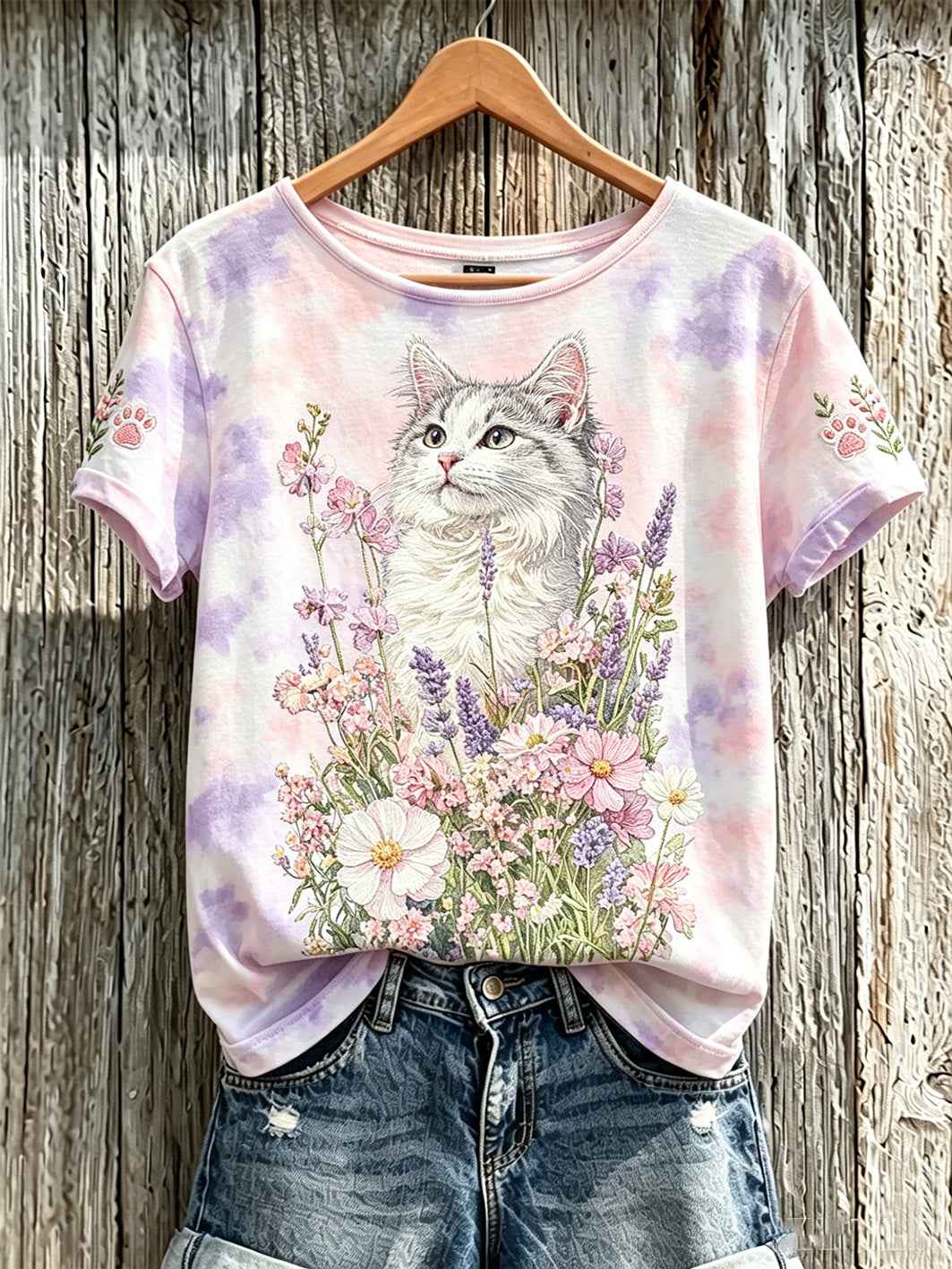 Women's cute cat and flower pattern printed casual short-sleeve T-shirt