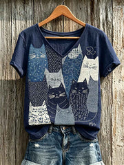 Women's Cats Patchwork Japanese Sashiko Art Print linen short-sleeved T-shirt